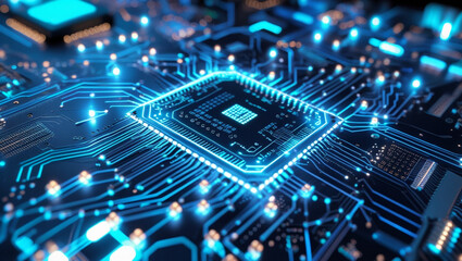 Futuristic close-up of a glowing blue digital circuit board with neon lights, data signals, and complex microchip pathways on a dark background, 3D tech visualization.
