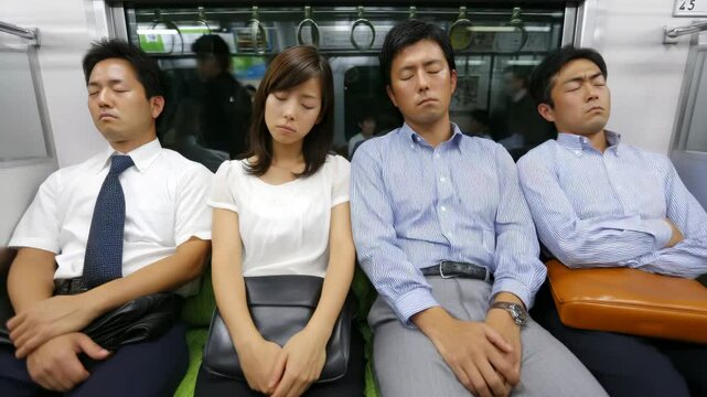 Four Commuters Sleeping on a Train in Urban Environment in Japan