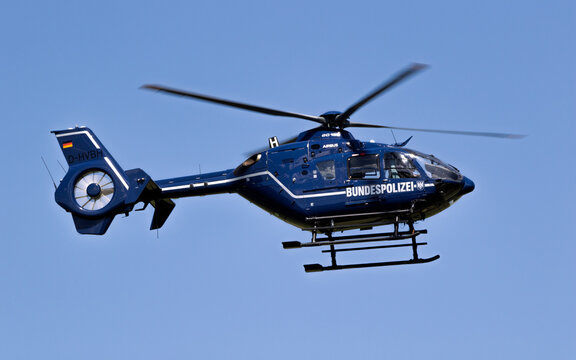 German Bundespolizei Airbus EC135 helicopter taking off from Bonn-Hangelar Airport. Germany