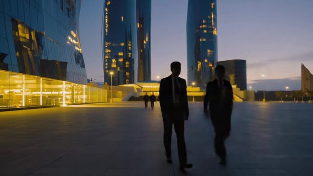 A timelapse over 24 hours same camera angle, people in business attire coming going in fast-forward, sunlight tall skyscraper glass, office lights flickering off as night falls all seamlessly looped