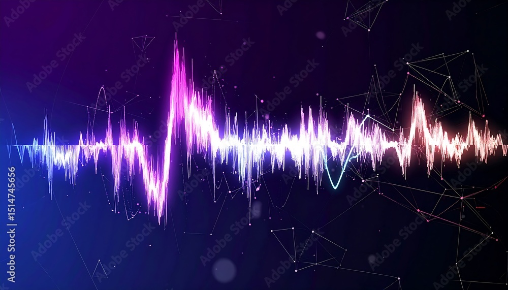 Poster vibrant waveform visualization against a dark backdrop, connected by a network of lines and points. 