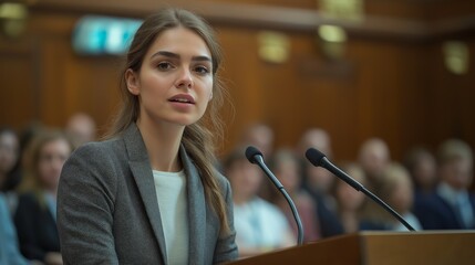 A female representative stands at a podium, discussing significant topics during an event. The audience listens attentively in a formal venue, showcasing engagement and interest in the dialogue