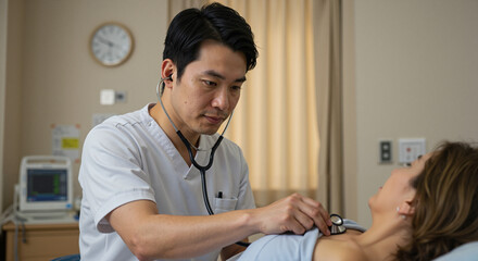 Obraz premium Doctor examining female patient with stethoscope in hospital room 