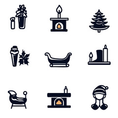 Christmas outline icons pack sleigh candle Santa hat fireplace and elf boots in simple line art for seasonal UIUX designs