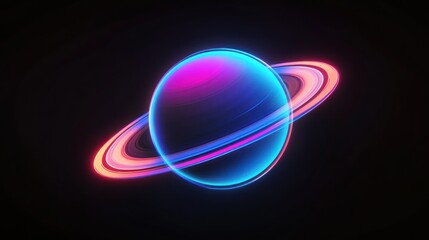 Obraz premium Neon planet with rings in dark space