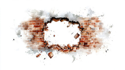 Massive hole in a brick wall with debris and small pieces of rubble falling, clean white background
