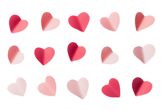 Minimalist heart shapes in pastel pink and red, scattered randomly, isolated on a white background