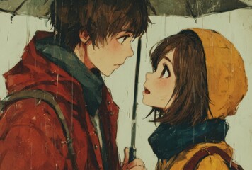 Young couple sharing an umbrella during rain in vibrant urban setting, with expressive emotions, cute clothing, and an intimate connection captured in art
