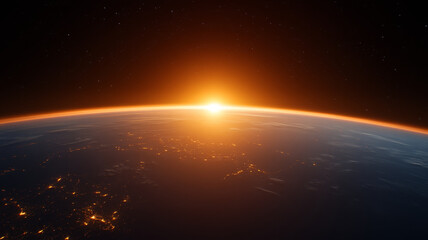 Obraz premium Breathtaking sunrise over Earth from space, showcasing vibrant colors and serene atmosphere