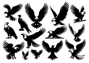 Collection of Eagle Silhouette Style Vector Illustrations – Flying and Standing Eagles in Minimal Black Silhouettes for Logos, Posters, Tattoos, Wildlife, and Patriotic Designs