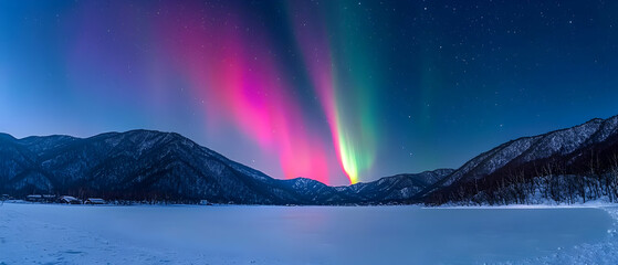Aurora Borealis Over Snowy Mountain Landscape