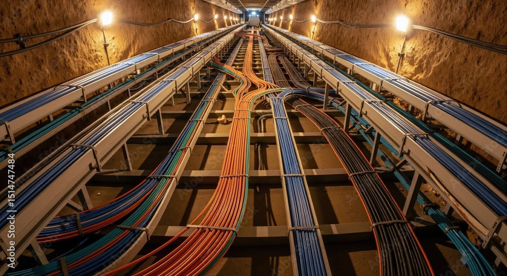 Poster illuminated network of cables and pipes in an underground tunnel. industrial infrastructure and data