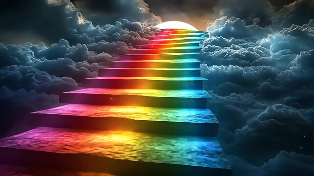 Colorful Stairway Ascending Through Fluffy Clouds Towards a Radiant Celestial Light