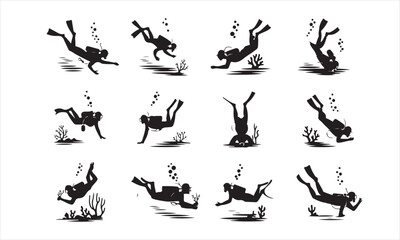 A set of twelve black silhouette illustrations of scuba divers in various underwater poses.