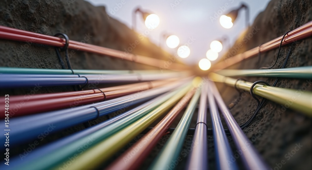 Poster illuminated network of cables and pipes in an underground tunnel. industrial infrastructure and data