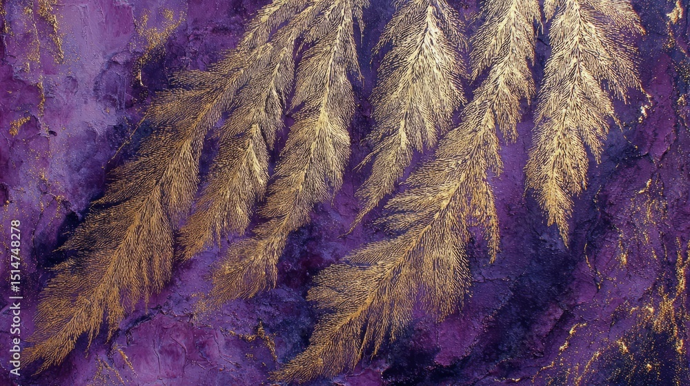 Poster beautiful golden fern patterns on vibrant purple background create a striking visual effect in moder