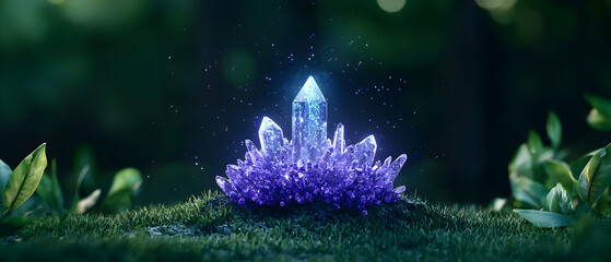 Glowing Purple And Blue Crystal On Mossy Forest Floor