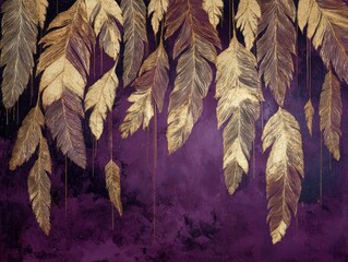 Golden leaves hang gracefully against a rich purple background creating a vibrant artistic display in a modern setting