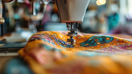 Crafting memories A vintage sewing machine lovingly stitches vibrant patterned fabric creating a unique heirloom in a