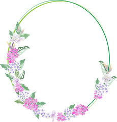 forget me not flower and foliage in oval frame on background