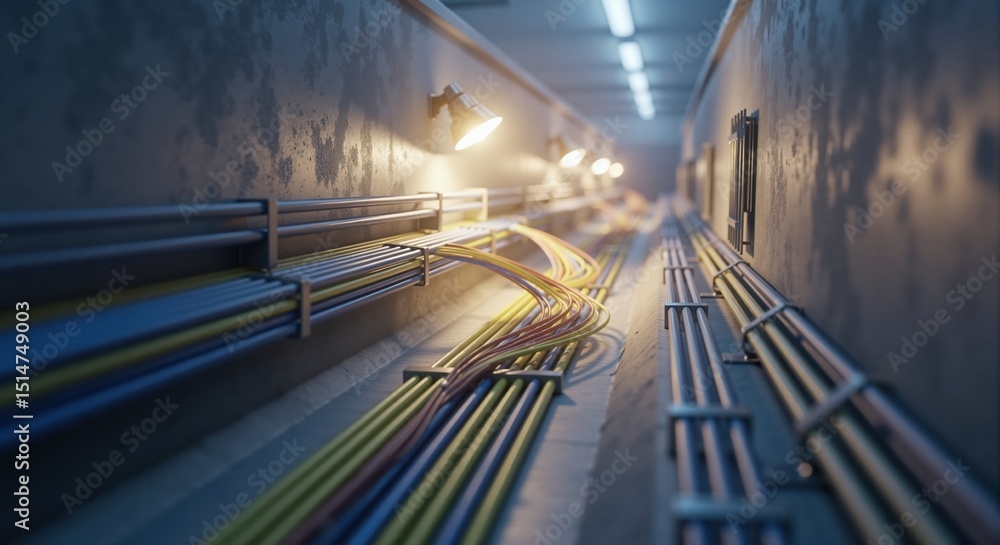 Poster illuminated network of cables and pipes in an underground tunnel. industrial infrastructure and data