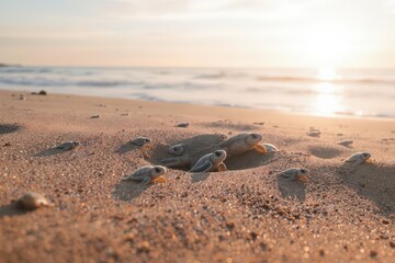Obraz premium Baby Sea Turtles Emerging from Nest on Sandy Beach at Sunrise