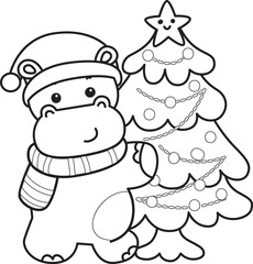 Outline of Cute hippo icon. Lineart of Funny baby hippo animal series stock illustration. life of fluffy hippo designs.