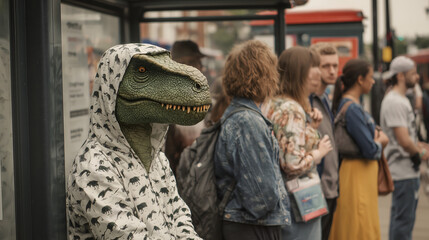Man in Dinosaur Costume Waiting at Bus Stop Among Casual Commuters

