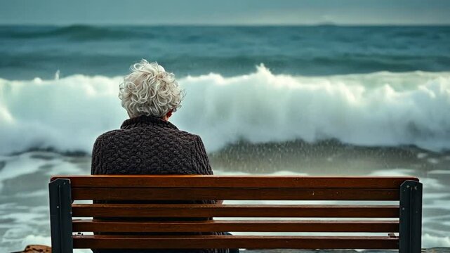 An elderly woman contemplates the stormy sea, seated on a bench, offering a poignant reflection on aging, resilience, and the indomitable spirit in the face of life's tempests