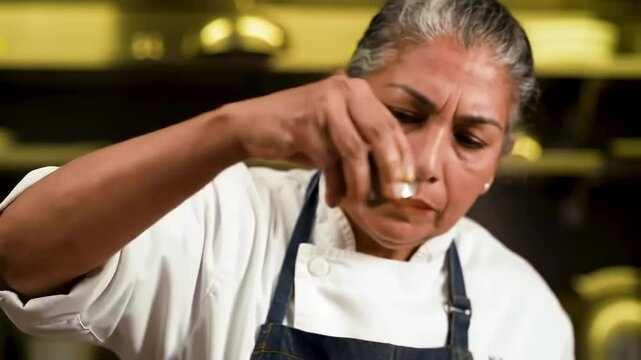 Experienced Chef Adding Seasoning While Preparing Food In A Kitchen