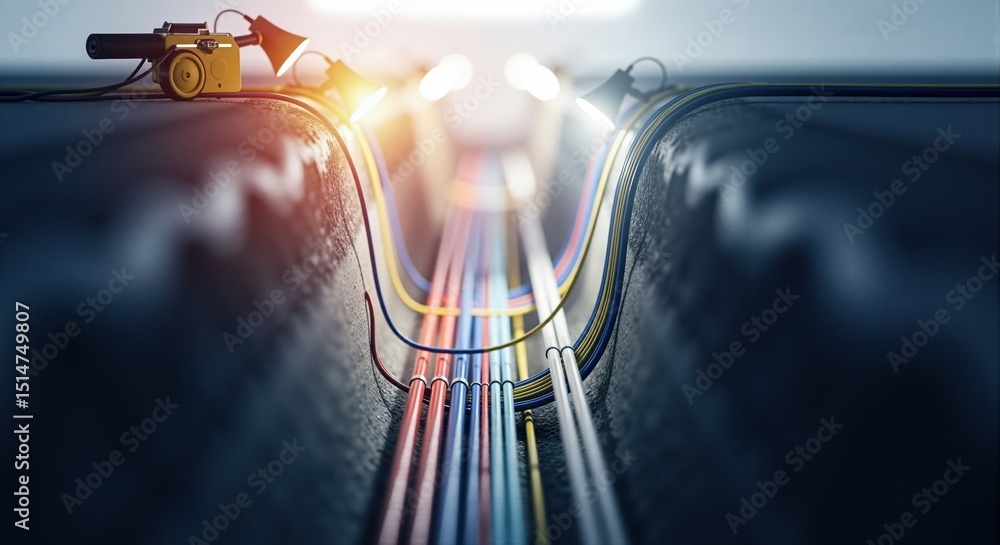 Poster illuminated network of cables and pipes in an underground tunnel. industrial infrastructure and data