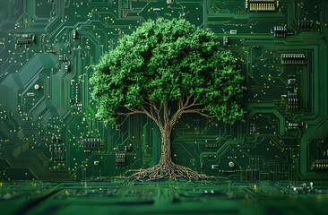 Green tree grows from circuit board. Eco tech concept. Sustainable future. Environmentally friendly innovation. Renewable energy, responsible tech. Future green, digital. Conceptual image for green
