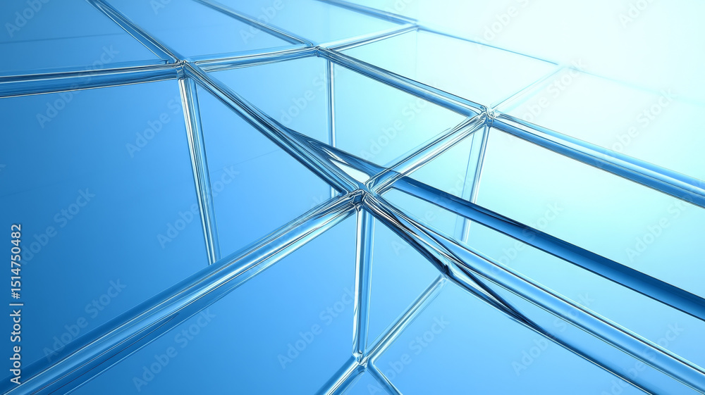 Poster modern abstract glass structure with intersecting lines and bright blue background creates