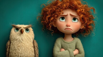 Sad crying little girl with red curly hair beside cartoon owl doll. Minimalist neutral background design ideal for children's illustrations, emotional expressions, storybooks, social media posts, or a