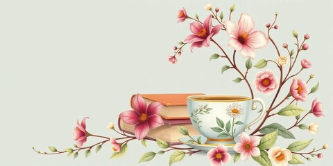 Elegant botanical illustrations entwined with books and a teacup; perfect for reading club promotion,  invitation,  elegant