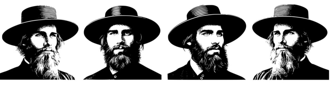 Four vector drawing of amish man in a hat