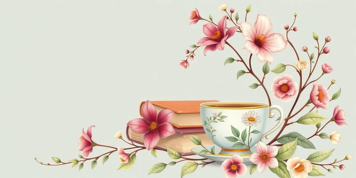 Elegant botanical illustrations entwined with books and a teacup; perfect for reading club promotion,  invitation,  elegant