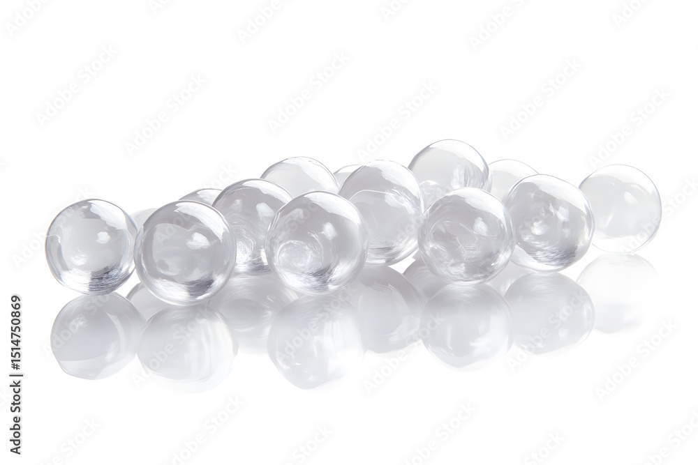 Poster cluster of hyaluronic acid bubbles varying in size with subtle reflections on their surfaces isolate