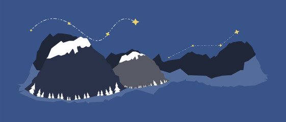 Flat vector illustration of mountain landscape at night with a star trail path across the sky. Ideal for outdoor adventure graphics, hiking themes, or inspirational travel visuals. © smithbaker