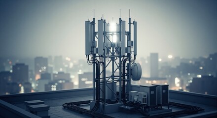 Cell towers on rooftop offering 5g internet network data connection. Wireless communication mobile technology. Telecommunication and cellular service antenna.