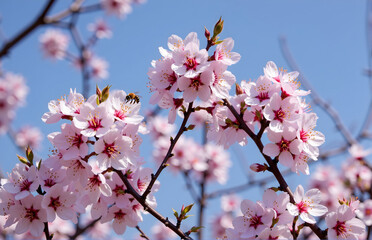Bee Collecting Nectar on Blooming Flowers