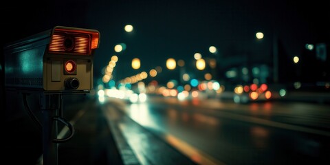 Speed control camera monitoring busy traffic highway road, highlighting the importance of speed and road safety on highways.