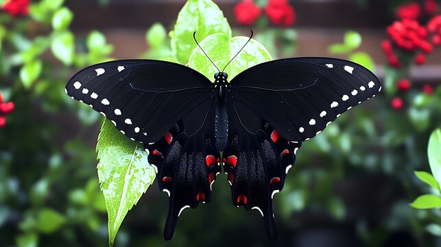 Stunning Black Butterfly with Red and White Spots on Green Leaf - Powered by Adobe
