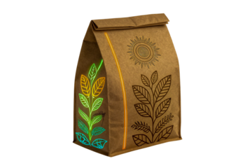 Kraft Paper Bag with Colorful Plant Designs and Sun Illustration on Transparent Background, ai generated