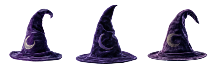 Magical Purple Witch Hats with Crescent Moon Design Isolated on a Transparent Background