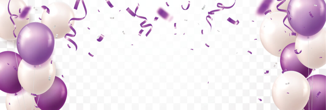 Purple balloons and confetti banner, isolated on transparent background