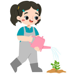 Cute asian girl watering carrot in farmingland at summer time