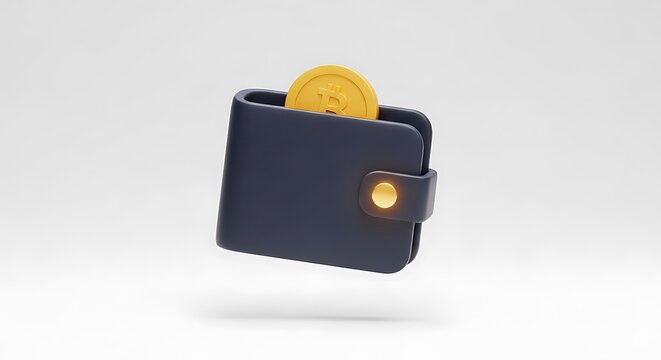 3D Render of a Dark Blue Leather Wallet with a Single Gold Coin