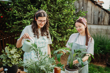 Two female friends or sisters taking care of plants with water can and mister