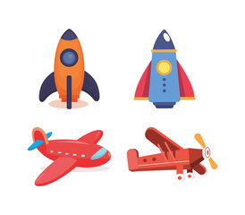 Collection of air transport clipart. Toy planes of helicopter, airplane, rocket with flat style. cartoon flying toy, in vector isolated. 